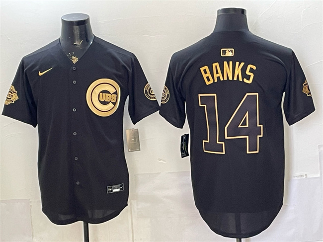 Men's Chicago Cubs #14 Ernie Banks Black/Gold 150th Anniversary Patch Stitched Baseball Jersey